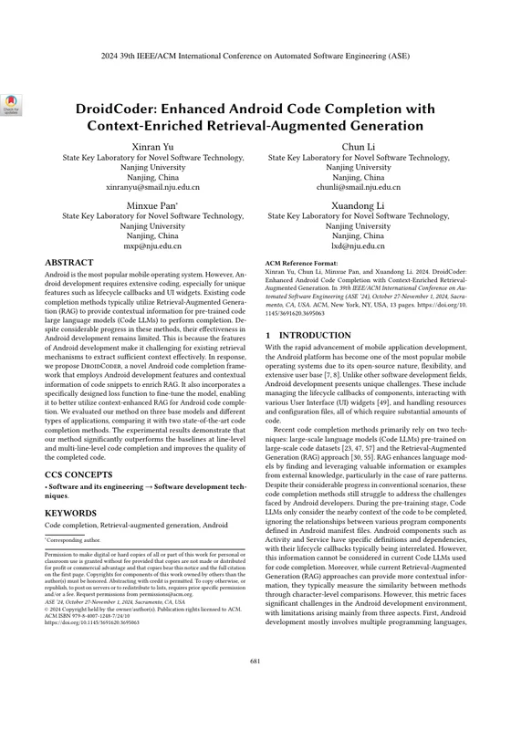 First page of DroidCoder: Enhanced Android Code Completion with Context-Enriched Retrieval-Augmented Generation