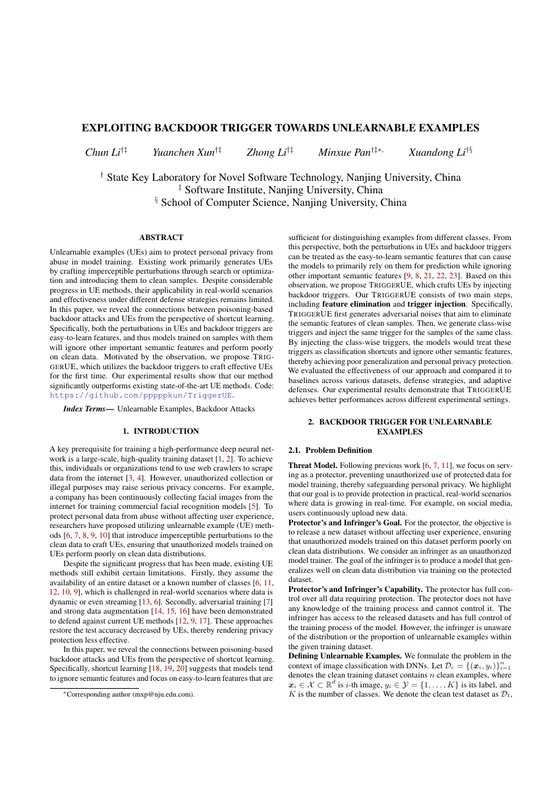 First page of Exploiting Backdoor Trigger Towards Unlearnable Examples