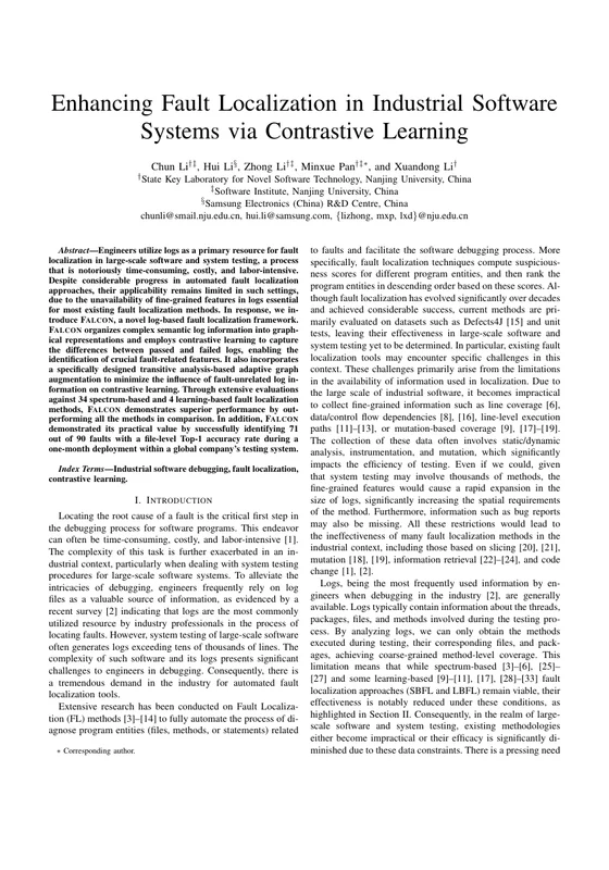 First page of Enhancing Fault Localization in Industrial Software Systems via Contrastive Learning