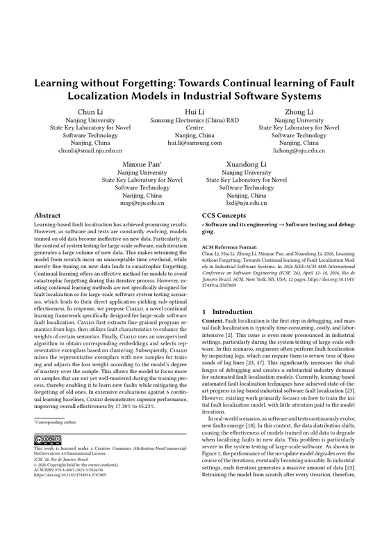 First page of Learning without Forgetting: Towards Continual learning of Fault Localization Models in Industrial Software Systems