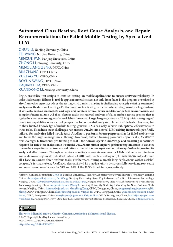 First page of Automated Classification, Root Cause Analysis, and Repair Recommendations for Failed Mobile Testing by Specialized LLM