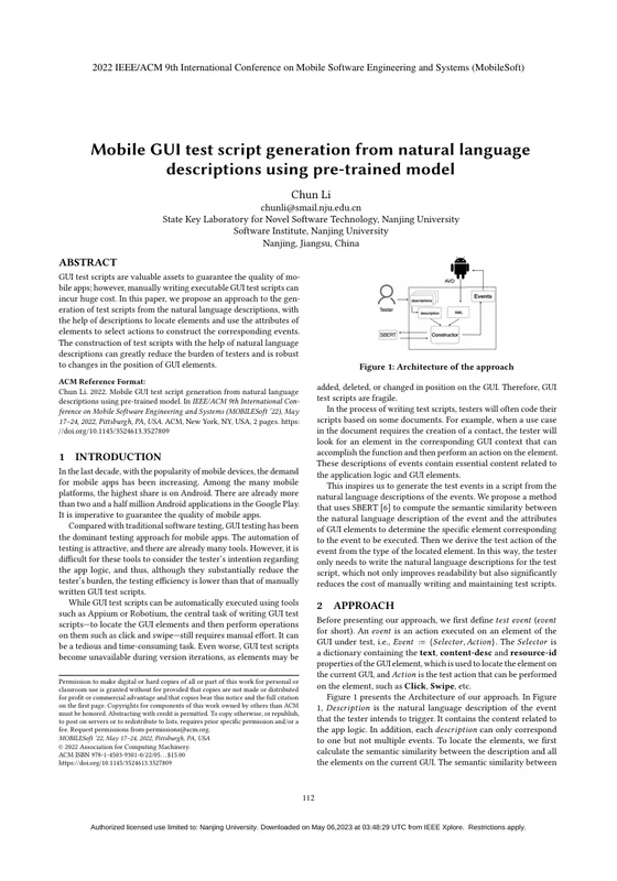 First page of Mobile GUI test script generation from natural language descriptions using pre-trained model