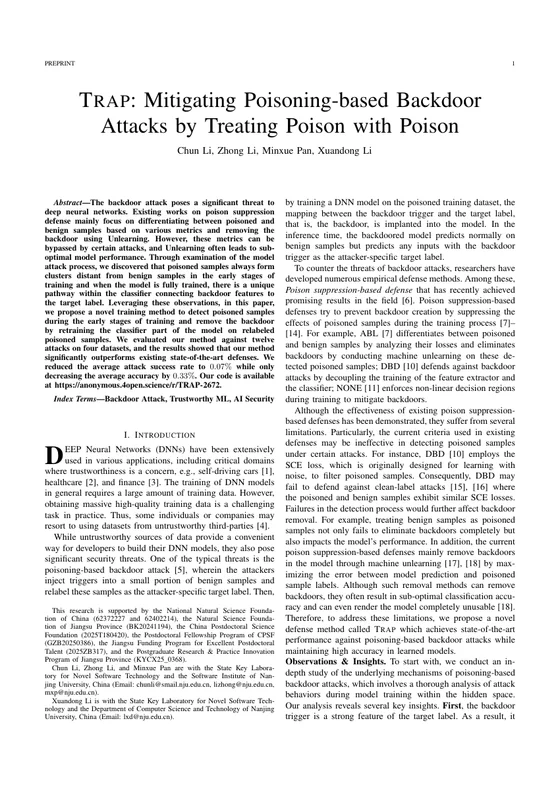 First page of TRAP: Mitigating Poisoning-based Backdoor Attacks by Treating Poison with Poison